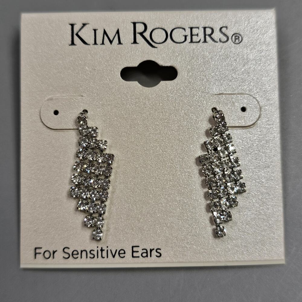 Kim Rogers Crystal Waterfall Cascade Earrings Drop Silvertone Sensitive Ears NEW